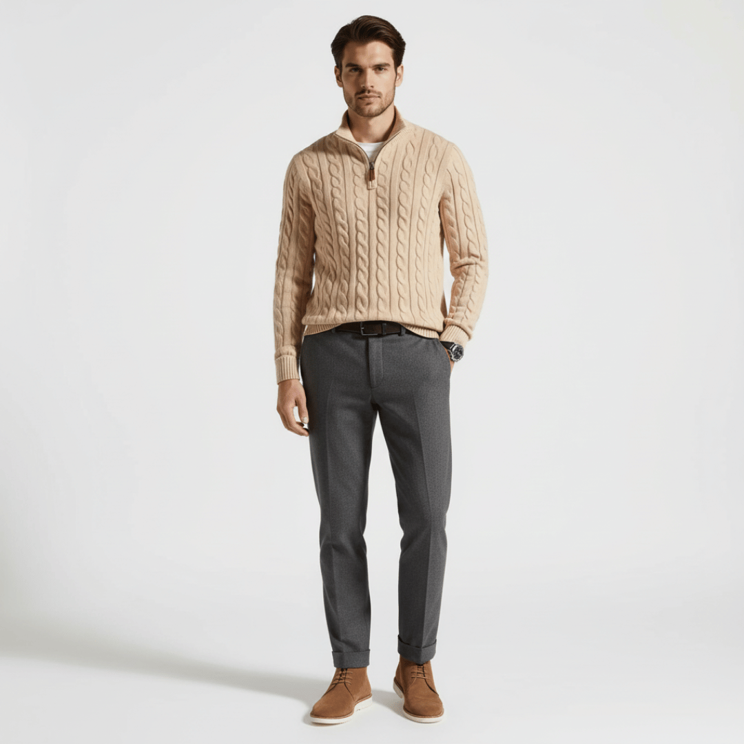 Men’s Ribbed Half Zip Sweater with High Neck