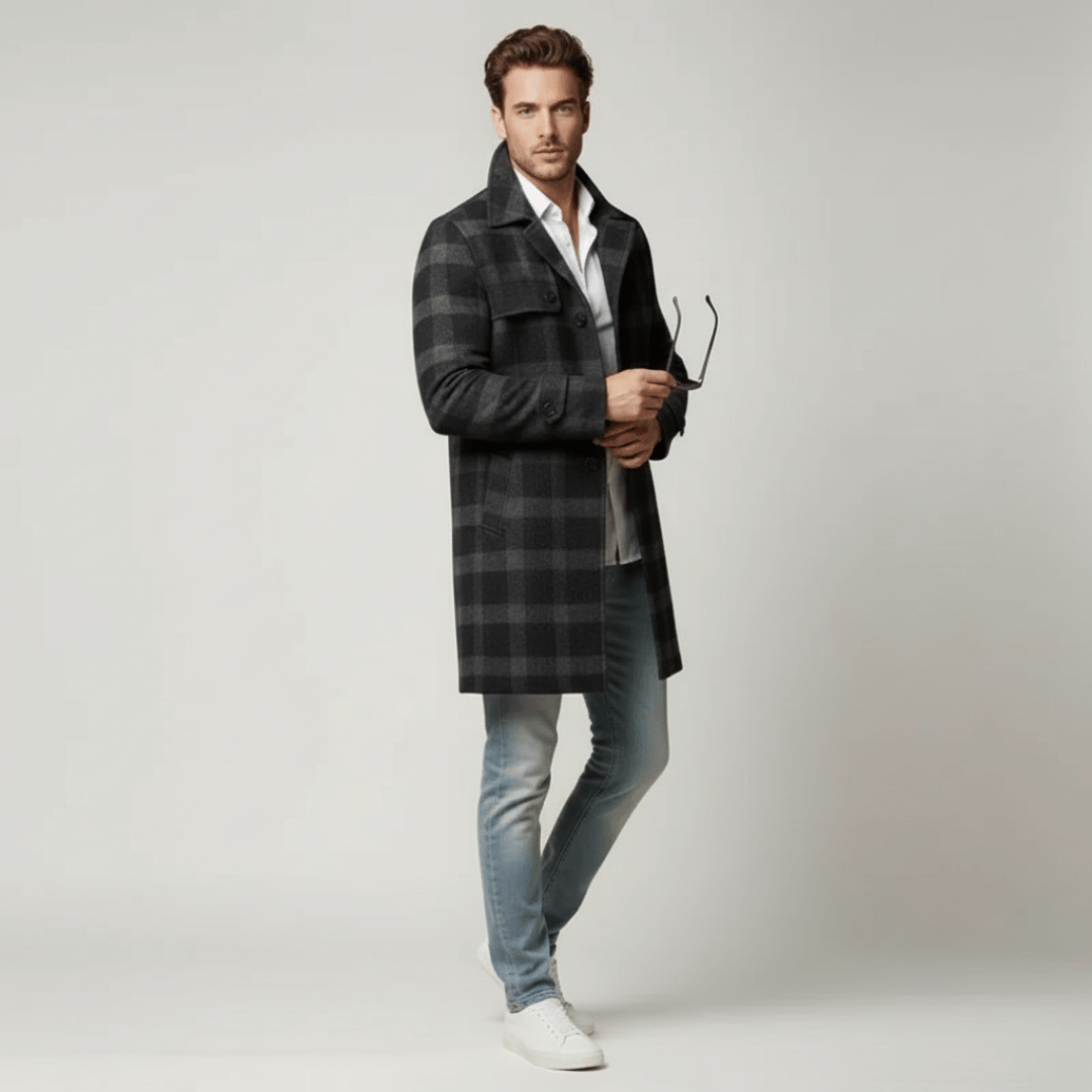 Men’s Button-Front Check Overcoat