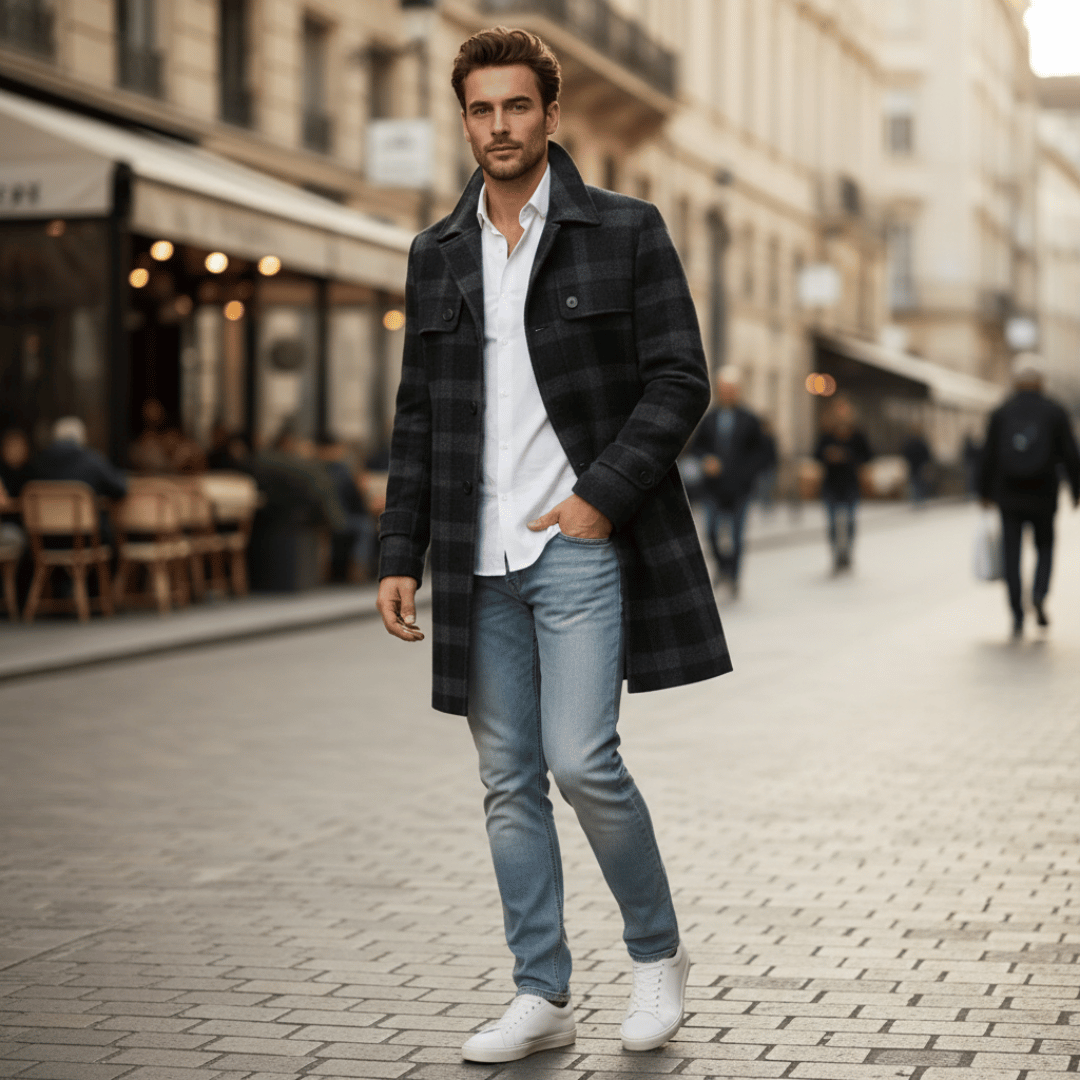 Men’s Button-Front Check Overcoat