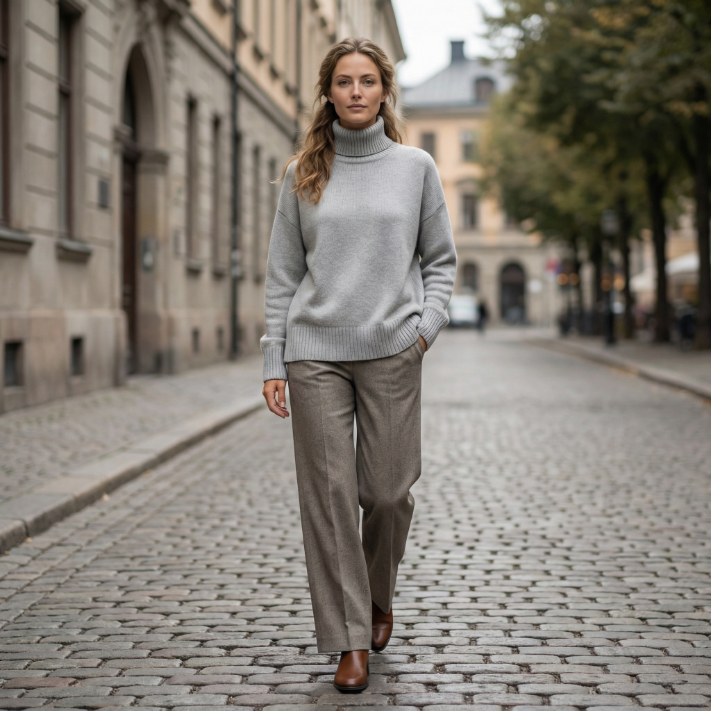 Women’s Loose Fit Turtleneck Sweater with Ribbed Trim