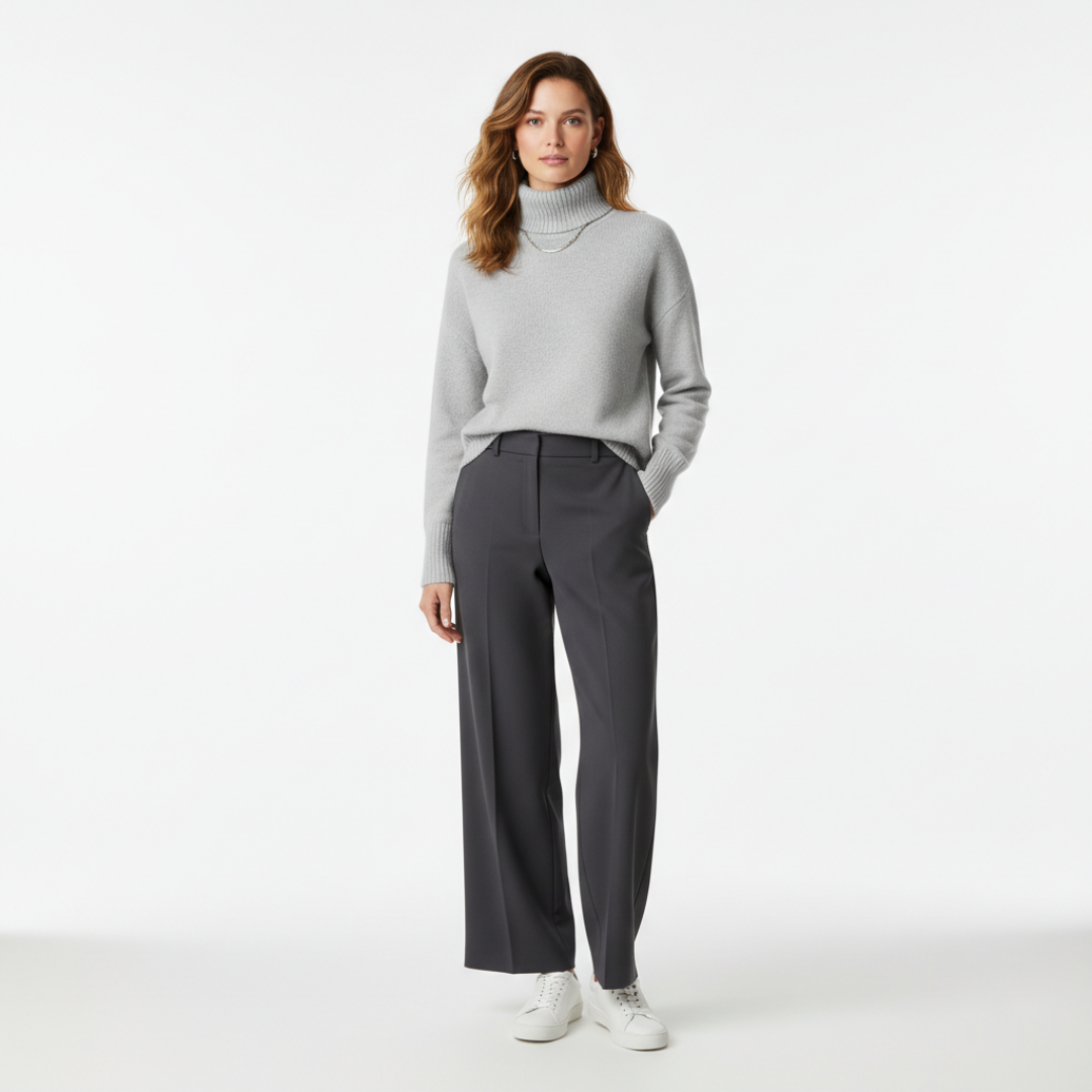 Women’s Loose Fit Turtleneck Sweater with Ribbed Trim