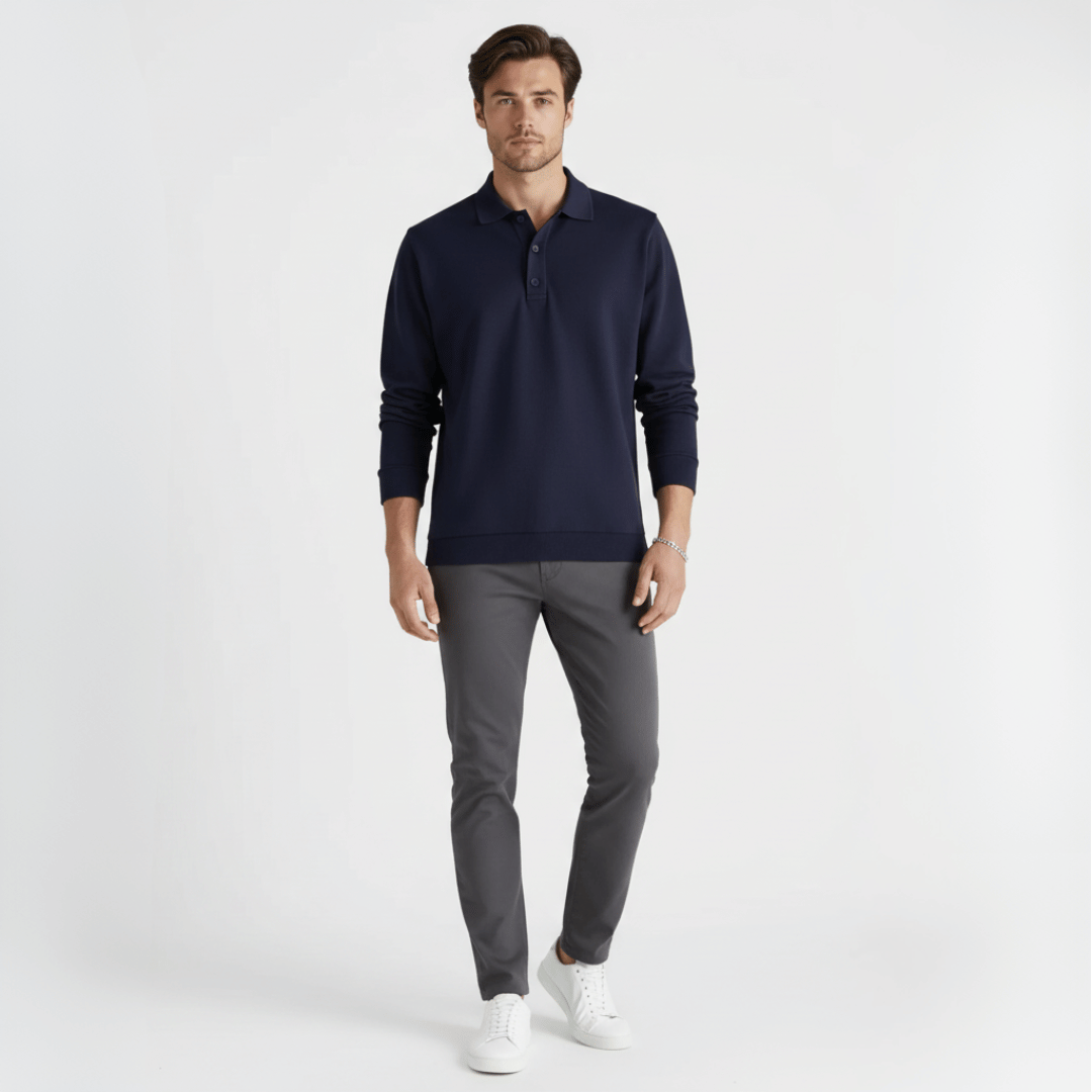 Men’s Long-Sleeve Polo Shirt with Button-Front Collar