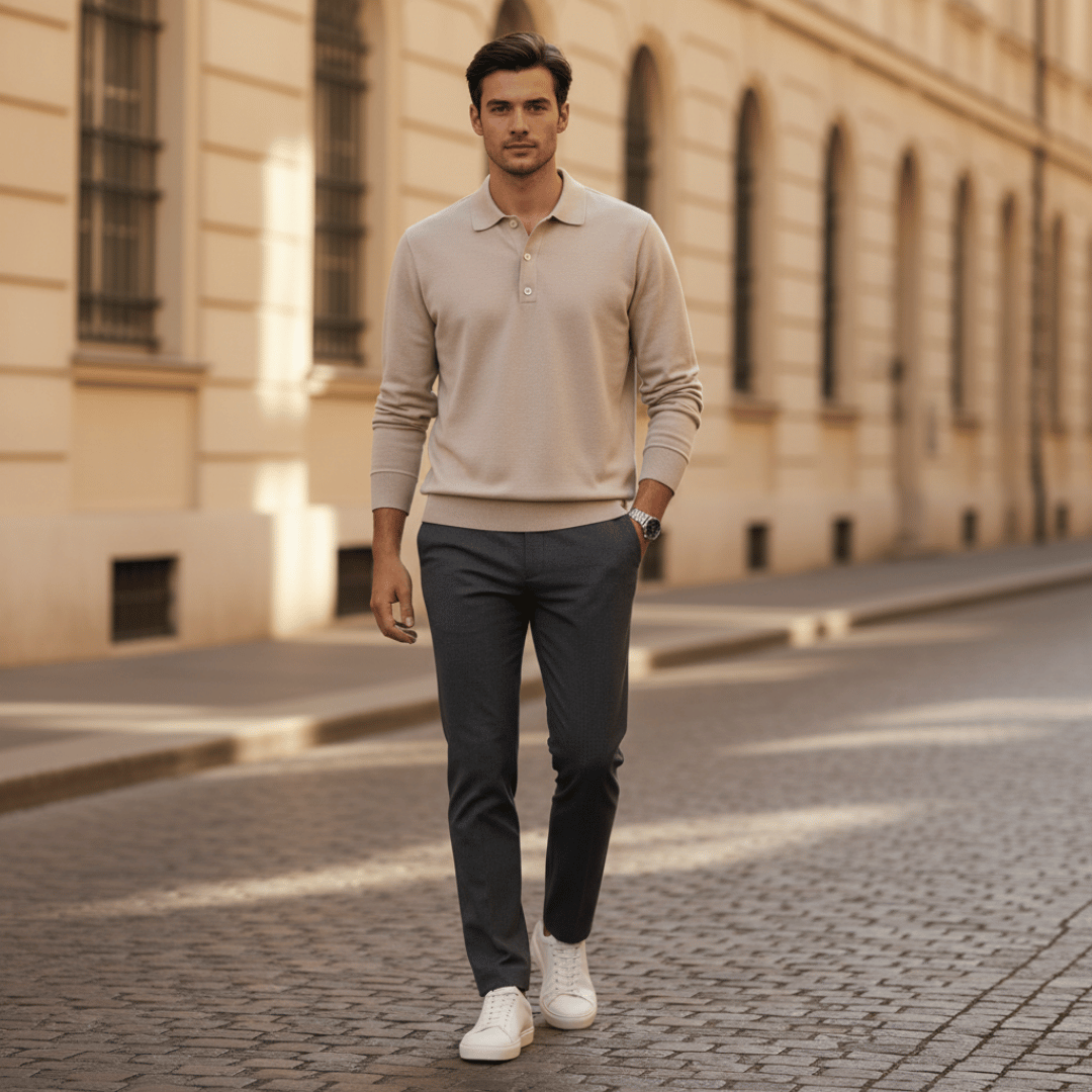 Men’s Long-Sleeve Polo Shirt with Button-Front Collar