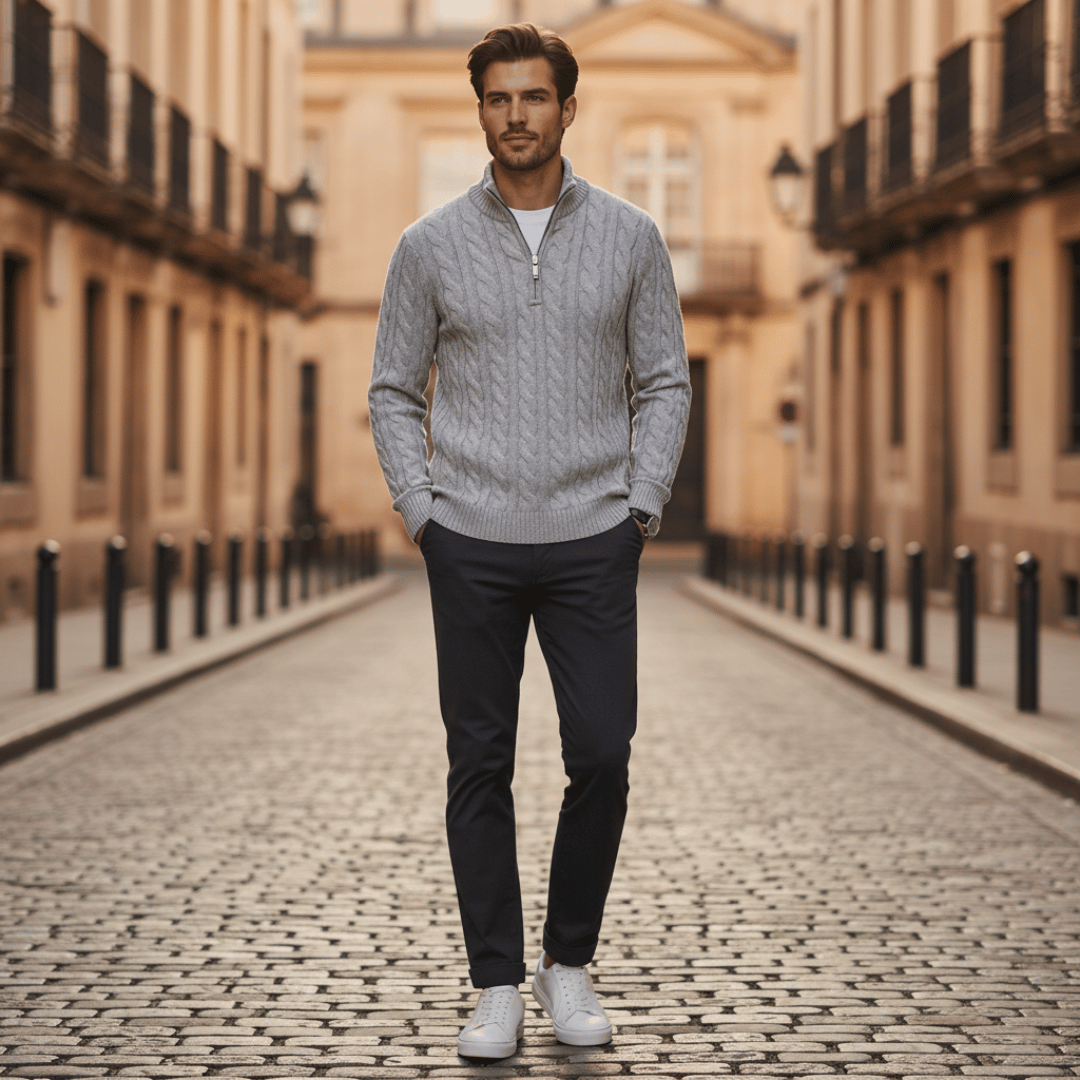 Men’s Ribbed Half Zip Sweater with High Neck