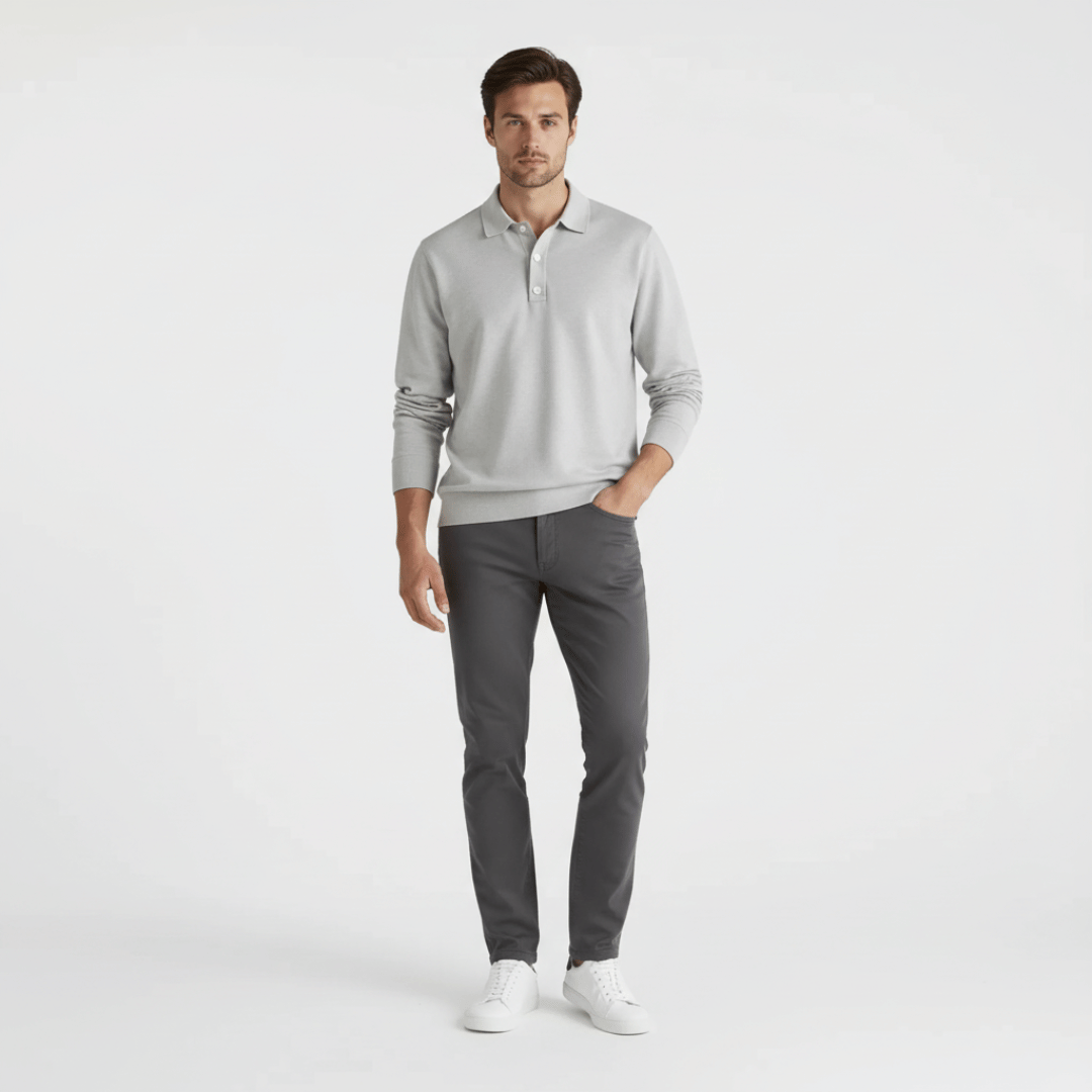 Men’s Long-Sleeve Polo Shirt with Button-Front Collar