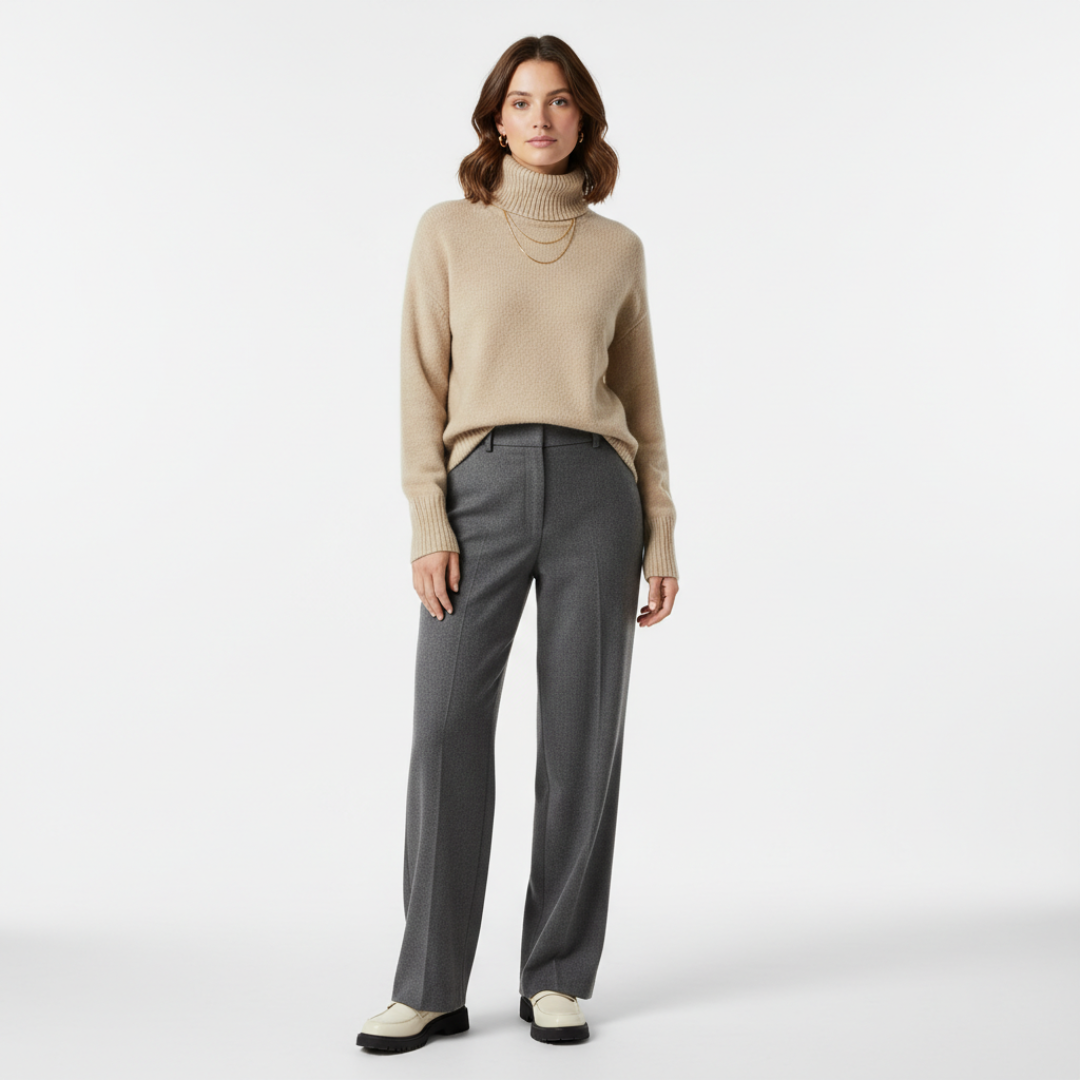 Women’s Loose Fit Turtleneck Sweater with Ribbed Trim