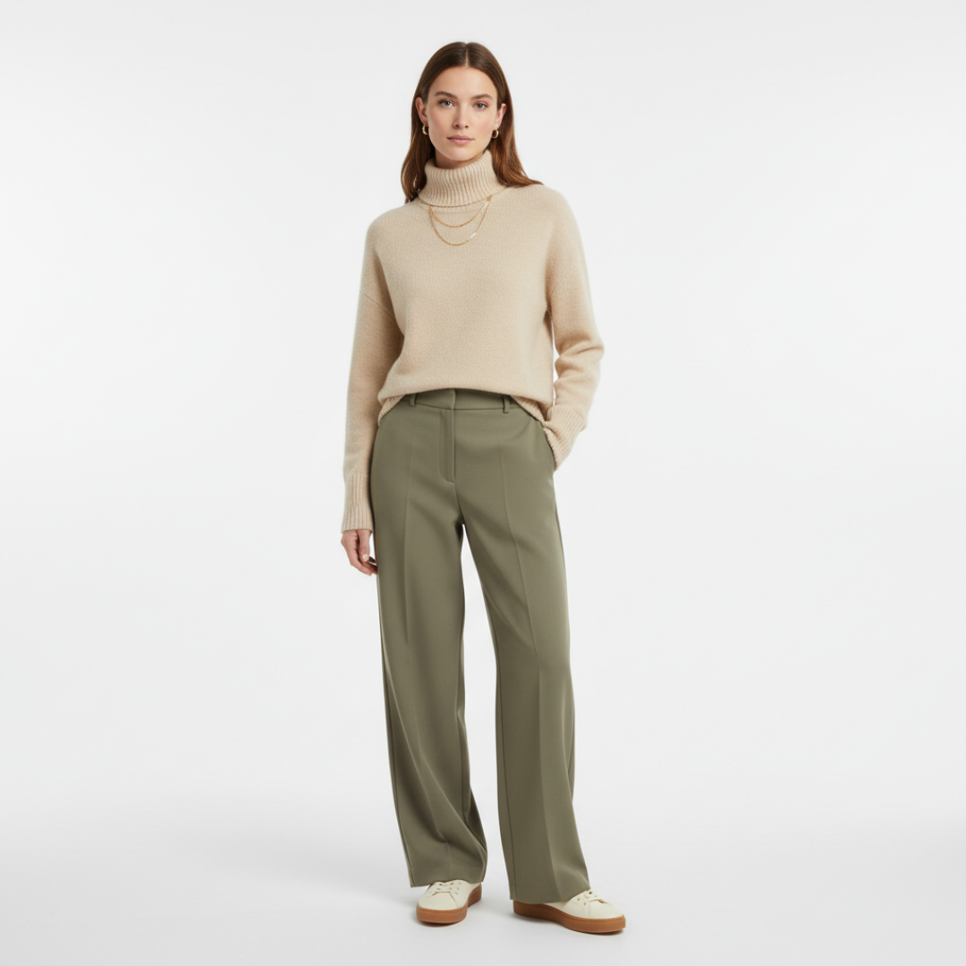 Women’s Loose Fit Turtleneck Sweater with Ribbed Trim